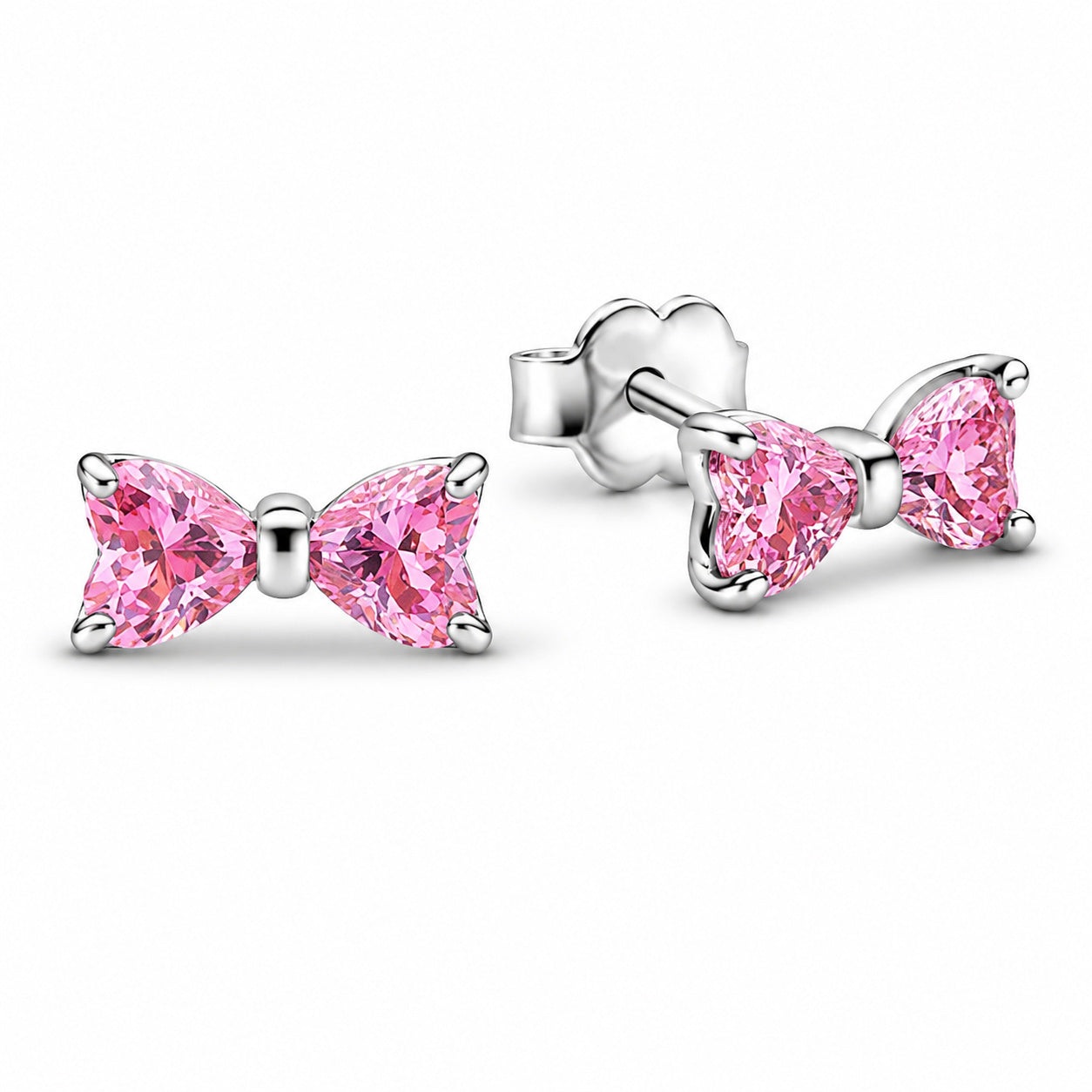 Sparkling Pink Bow Sterling Silver Stud  Earrings