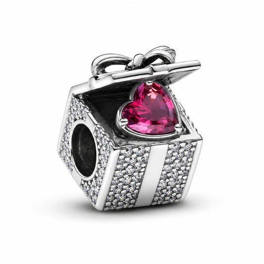 Sparkling Red Heart Gift Box Charm Hallmarked S925 Sterling Silver