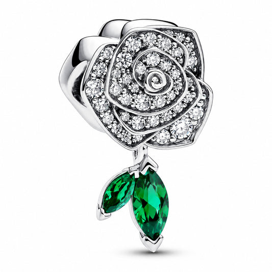 Sparkling Rose in Bloom Charm Hallmarked S925 Sterling Silver