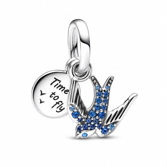Sparkling Swallow & Quote Double Dangle Charm Hallmarked S925 Sterling Silver