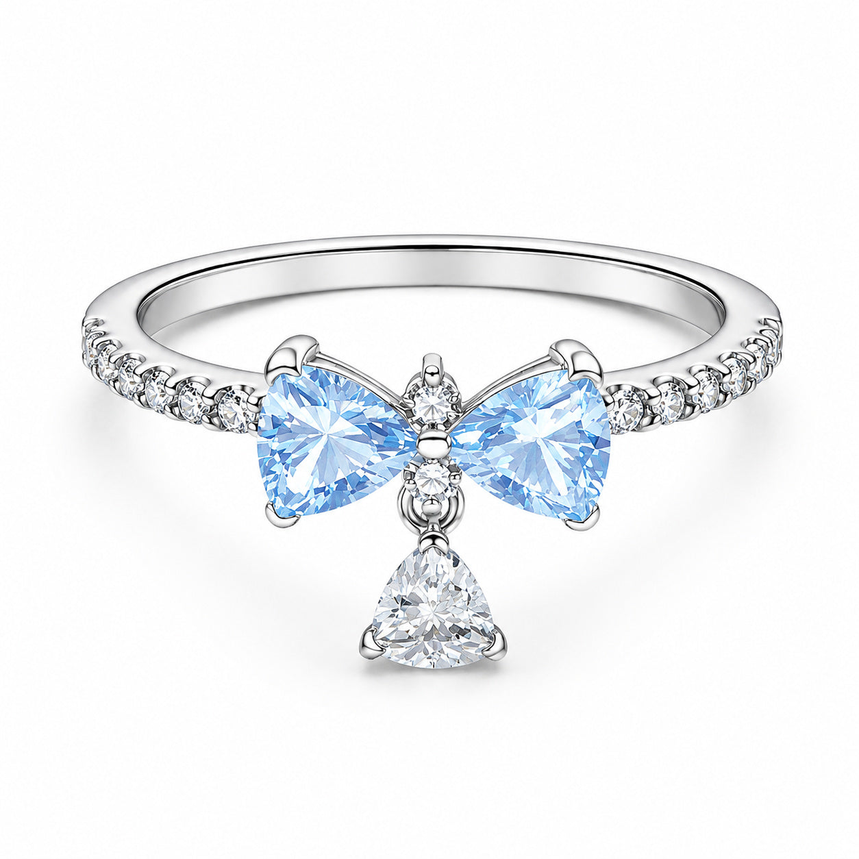 Sparkling White Radiant Bridgerton Blue Bow Sterling Silver Ring