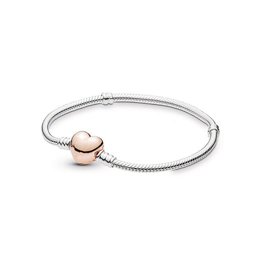 Rose Gold Heart & Snake Chain Charm Bracelet