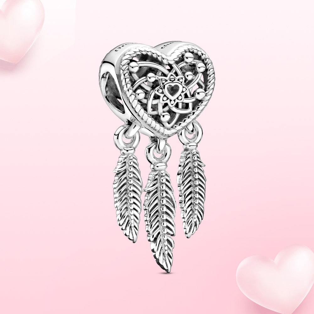 Heart Feather Dreamcatcher Charm Hallmarked S925 Sterling Silver