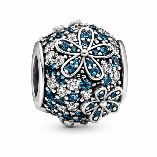 Teal Pave Daisy Flower Charm Hallmarked S925 Sterling Silver