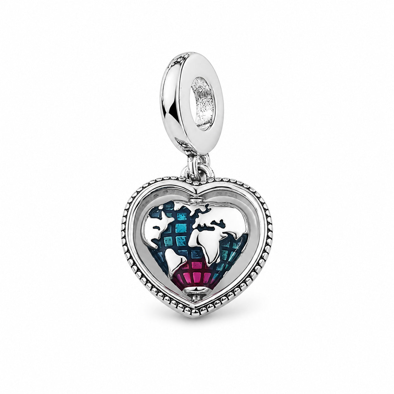Spinning World Heart Family Dangle Charm Hallmarked S925 Sterling Silver