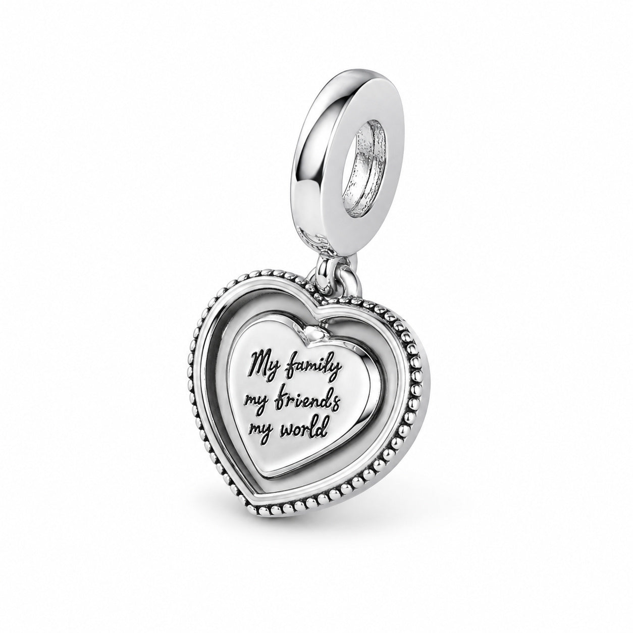 Spinning World Heart Family Dangle Charm Hallmarked S925 Sterling Silver