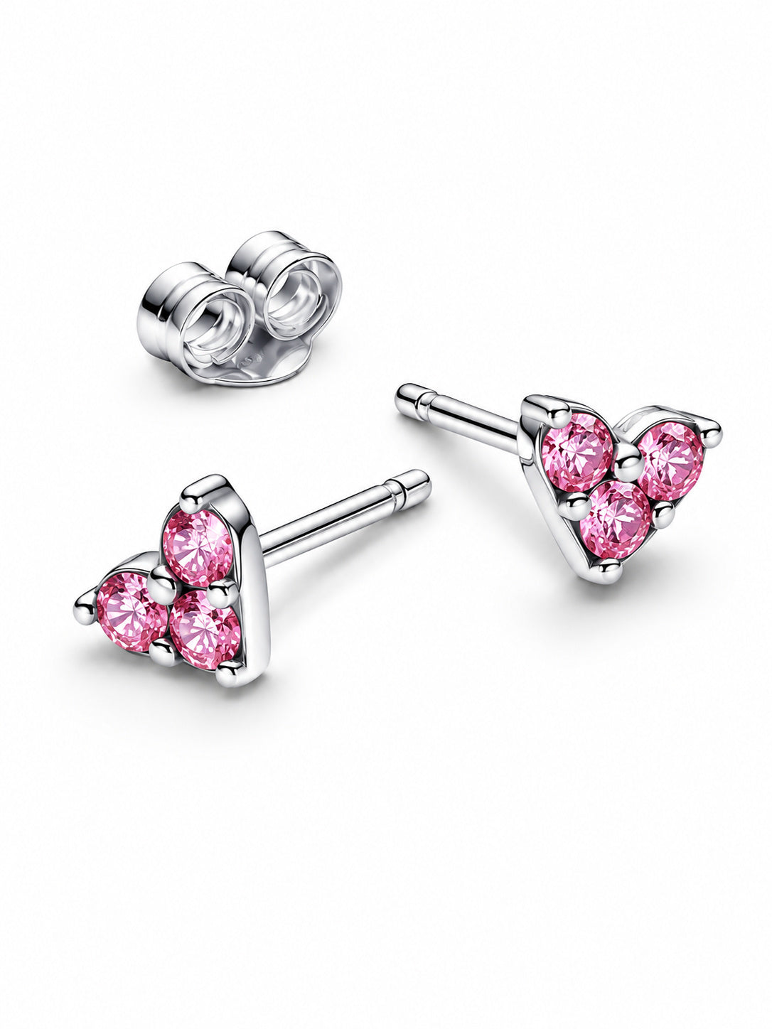 Triple Stone Pink Heart Stud Earrings