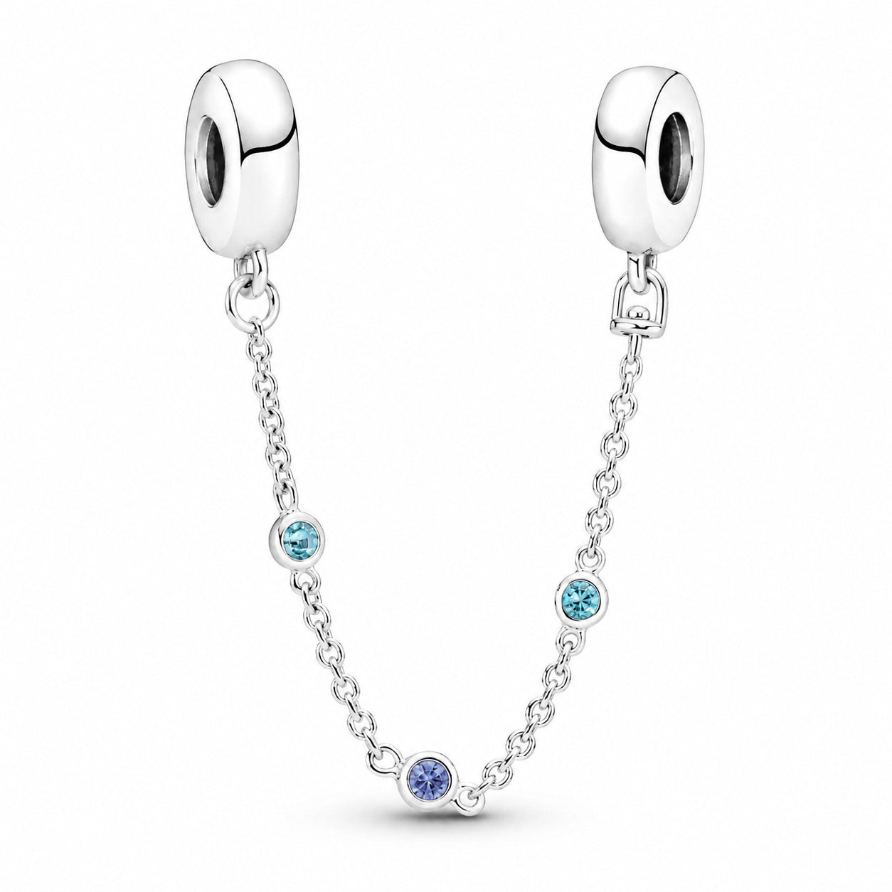 Triple Blue Stone Safety Chain Charm S925 Sterling Silver