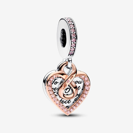 Two-tone Infinity Mum Heart Double Dangle Charm Hallmarked S925 Sterling Silver