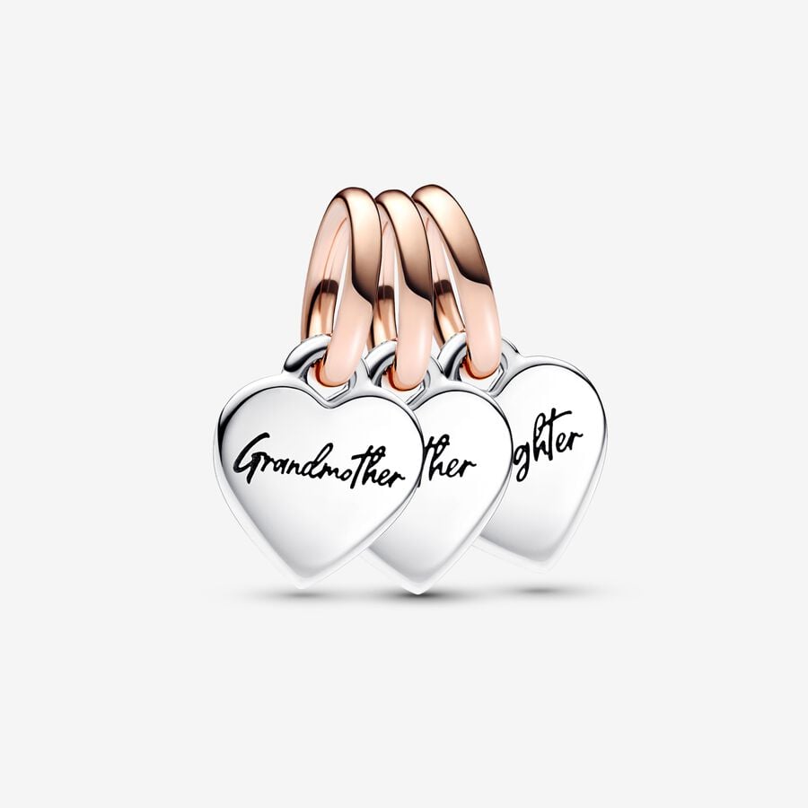 Two-tone Splittable Family Generation of Hearts Triple Dangle Charm Hallmarked S925 Sterling Silver