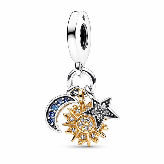 Two-tone Celestial Triple Dangle Charm Hallmarked S925 Sterling Silver