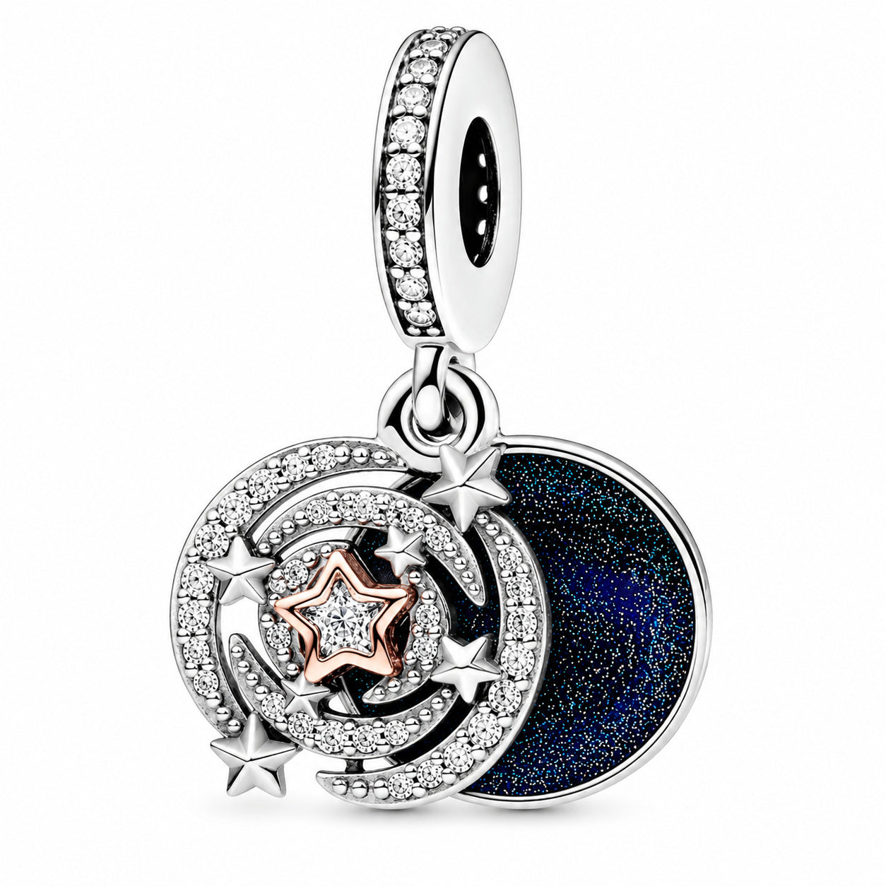 Two-tone Shooting Star Double Dangle Charm Hallmarked S925 Sterling Silver