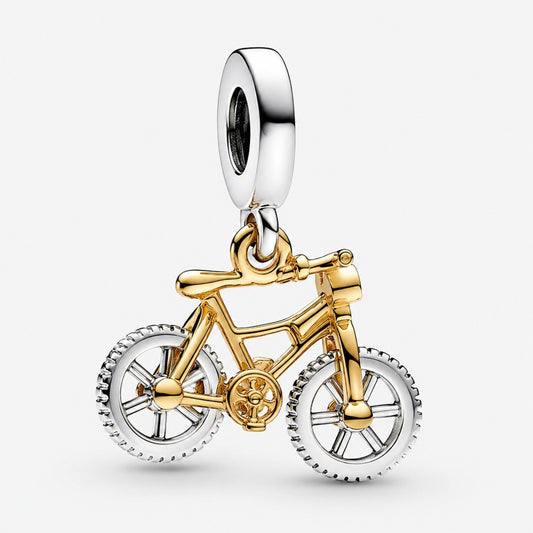 Two-tone Spinning Wheels Bicycle Dangle Charm Hallmarked S925 Sterling Silver
