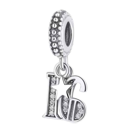 16th Birthday Dangle Charm Hallmarked S925 Sterling Silver