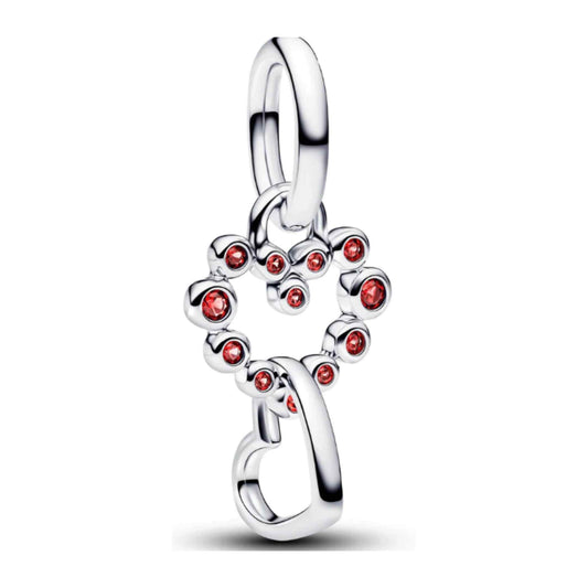 Connected Hearts & Red Stones Dangle Charm Hallmarked S925 Sterling Silver