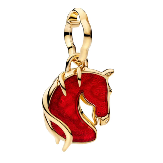 Gold Red Fire Horse Murano Glass Dangle Charm Hallmarked S925 Sterling Silver