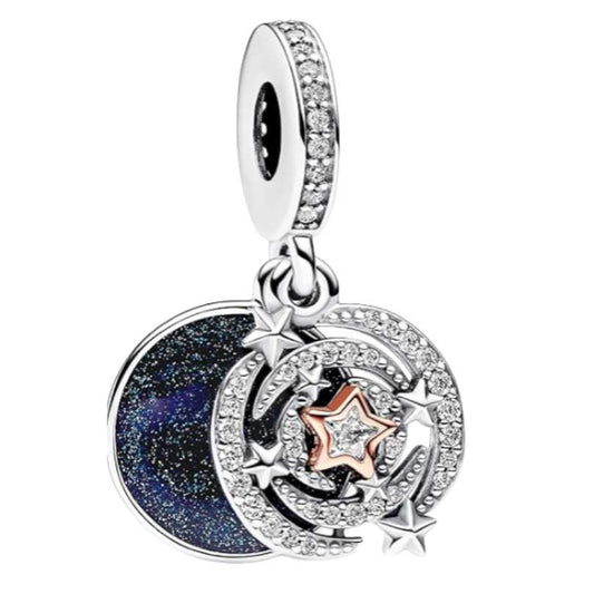 Two-tone Shooting Star Double Dangle Charm Hallmarked S925 Sterling Silver