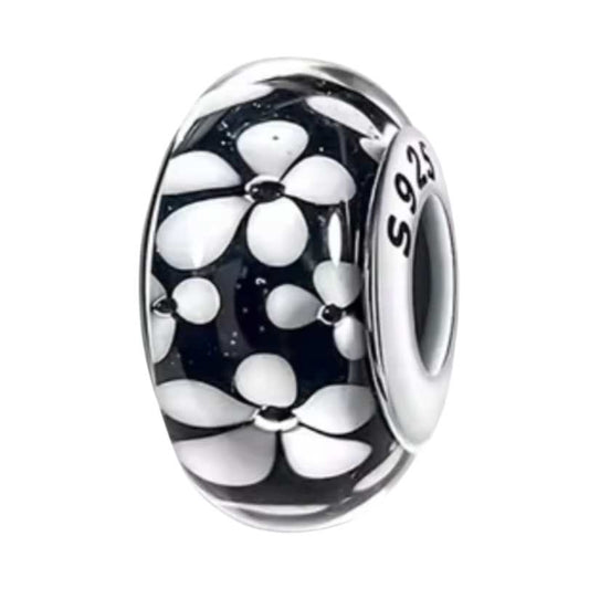 Black & White Flower Murano Charm Hallmarked S925 Sterling Silver