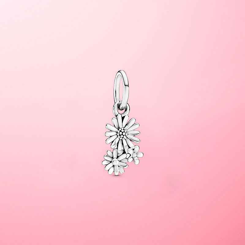 White Daisy Dangle Charm Hallmarked S925 Sterling Silver