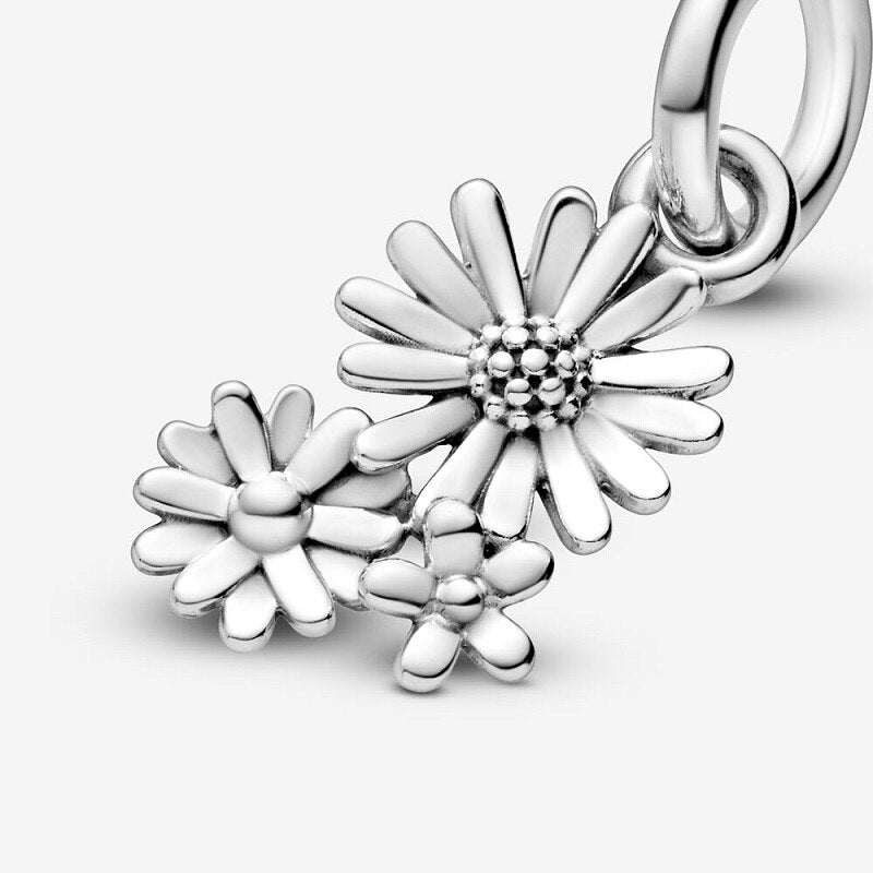 White Daisy Dangle Charm Hallmarked S925 Sterling Silver