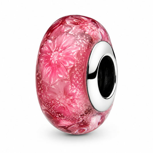 Wavy Fancy Pink Murano Glass Charm Hallmarked S925 Sterling Silver