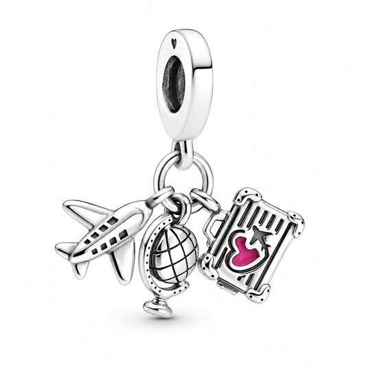 Airplane, Globe & Suitcase Travel Dangle Charm S925 Sterling Silver