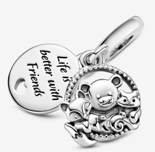 Bear Fox & Squirrel Friendship Dangle Charm Hallmarked S925 Sterling Silver