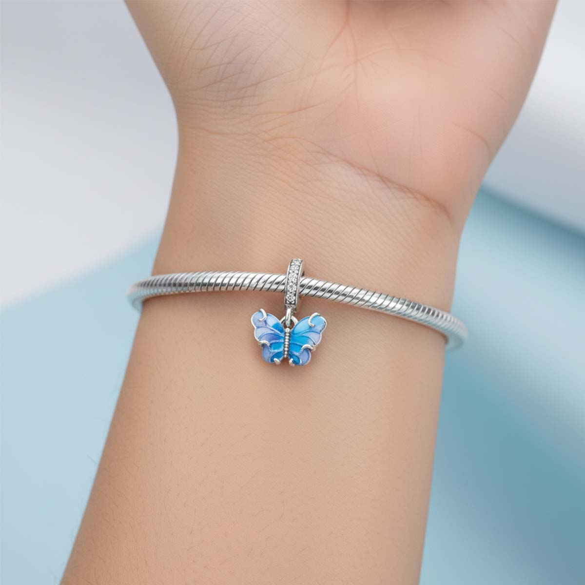 Blue Murano Glass Butterfly Dangle Charm Hallmarked S925 Sterling Silver