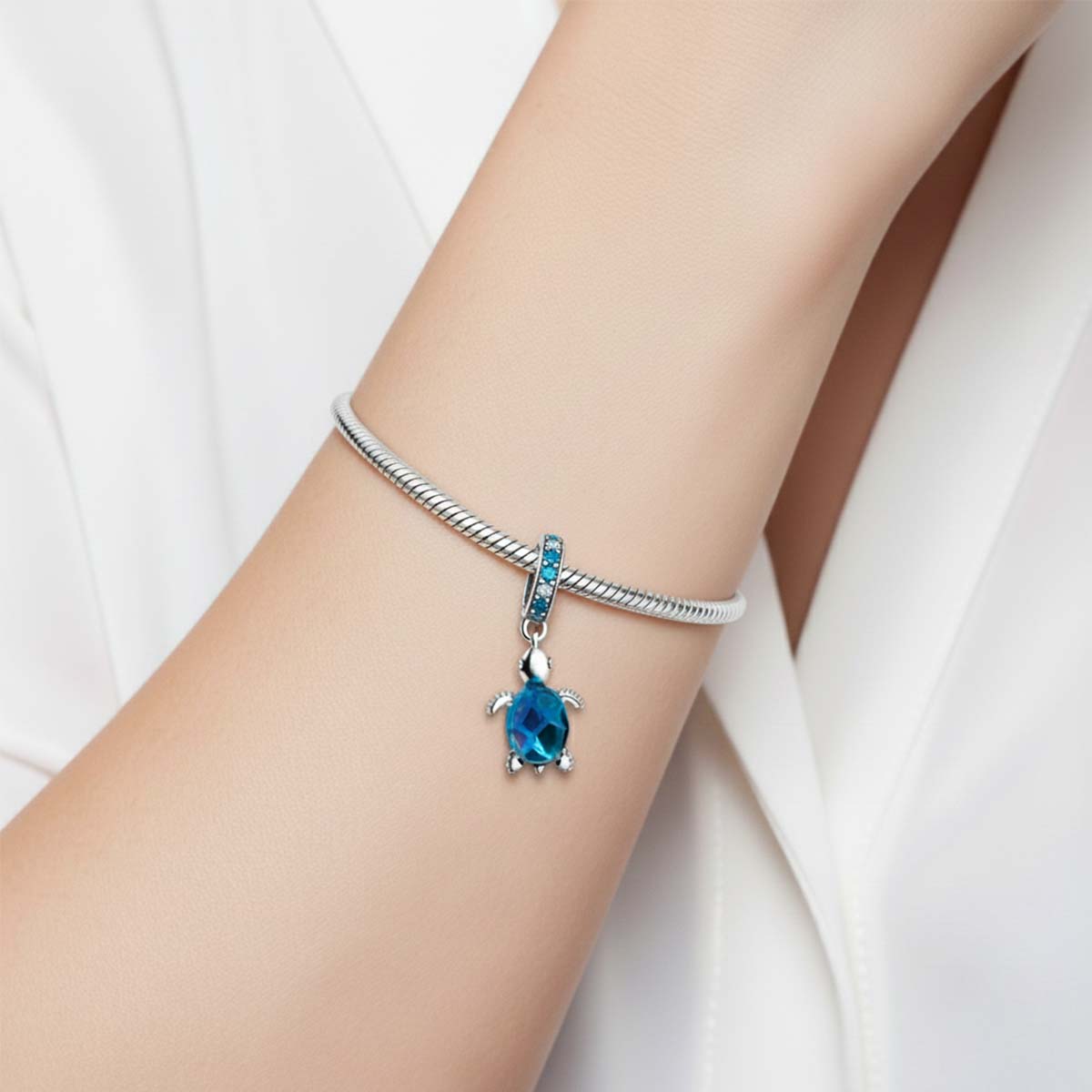 Blue Murano Turtle Dangle Charm Hallmarked S925 Sterling Silver