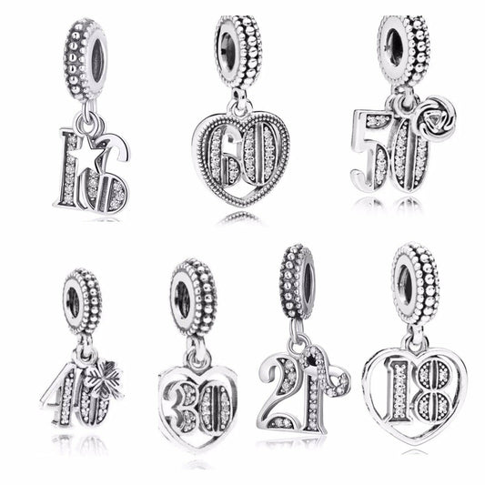 S925 Charms 15th,16th,18th,21st,30th,40th,50th,60th Birthday Dangle Sterling Silver Charms
