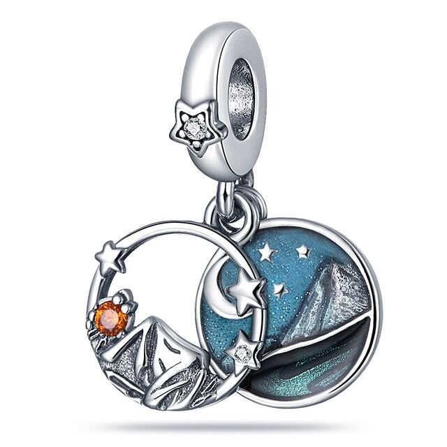 Camping Night Sky Double Dangle Charm Hallmarked S925 Sterling Silver