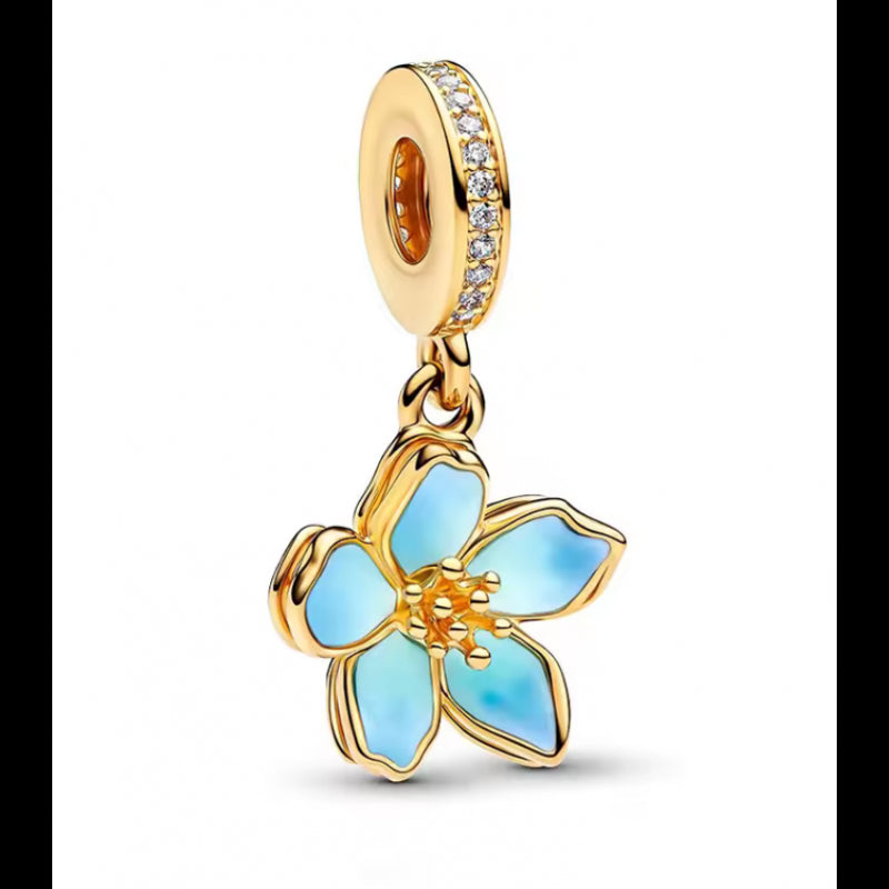 Gold & Blue Cherry Blossom Dangle Charm Hallmarked S925 Sterling Silver