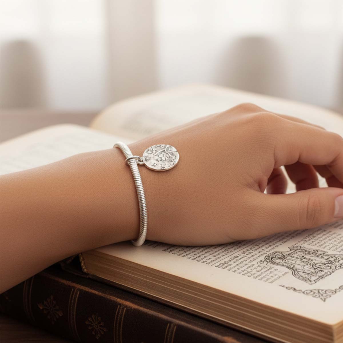 Cherry Blossom Medallion Charm Hallmarked S925 Sterling Silver