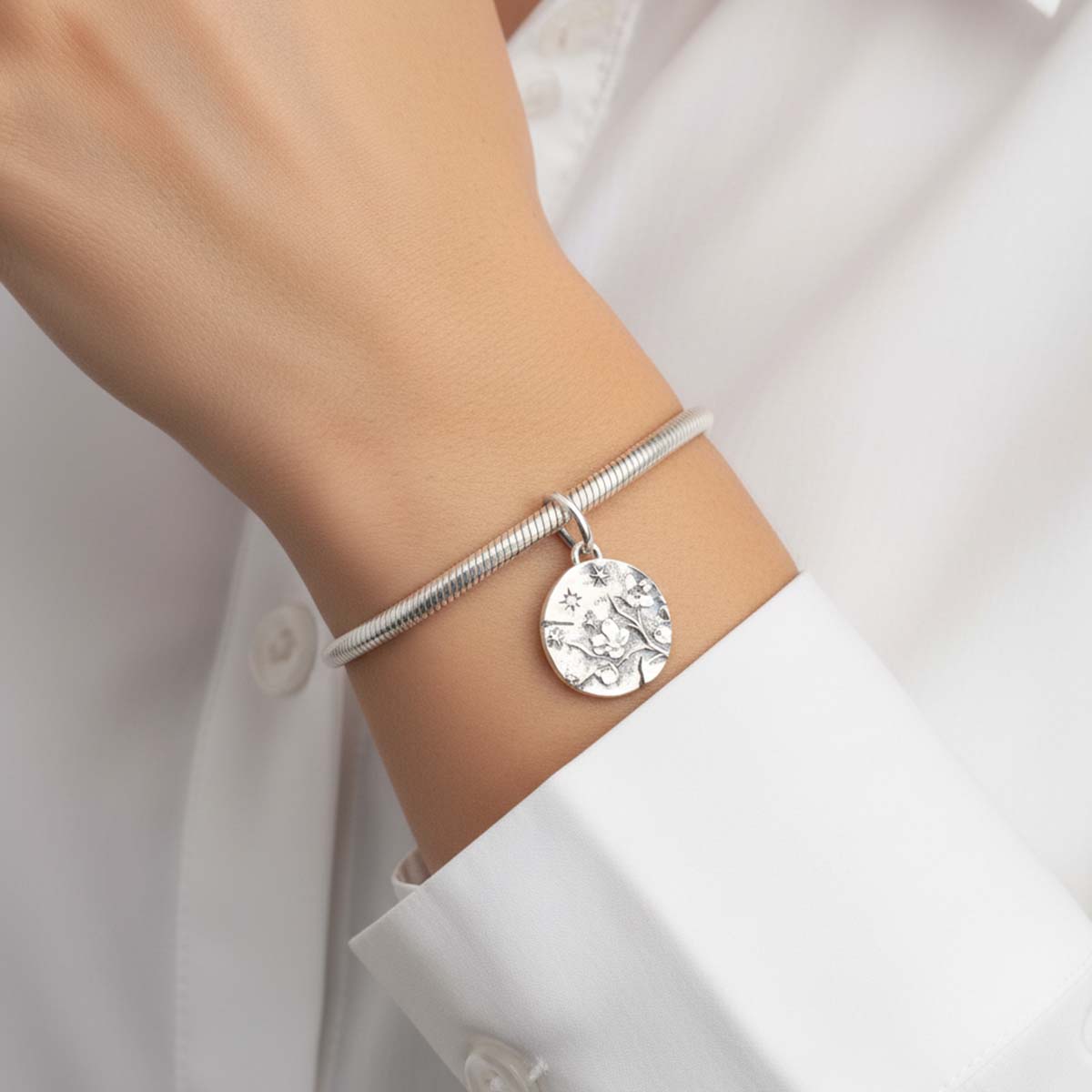 Cherry Blossom Medallion Charm Hallmarked S925 Sterling Silver