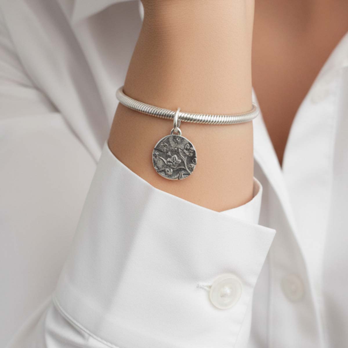 Cherry Blossom Medallion Charm Hallmarked S925 Sterling Silver