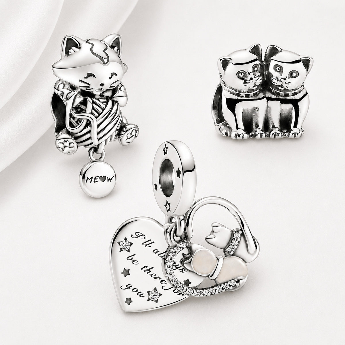 S925 Kitten & Yarn Ball Cats Hearts Kittens Sterling Silver Charm Collection