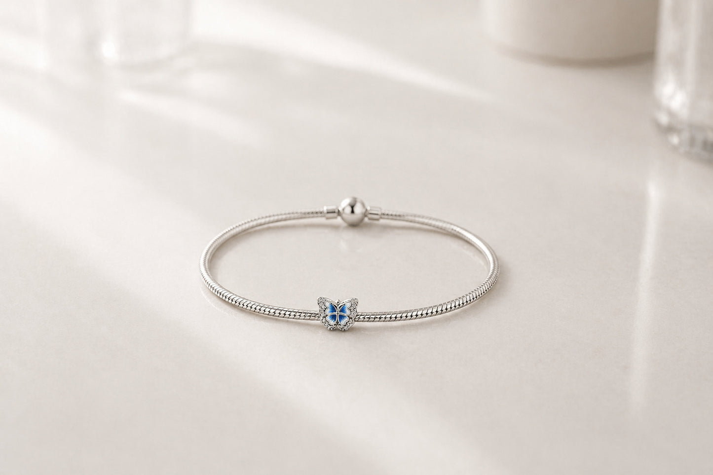 Silver Blue Sparkling Butterfly Charm Hallmarked S925 Sterling Silver