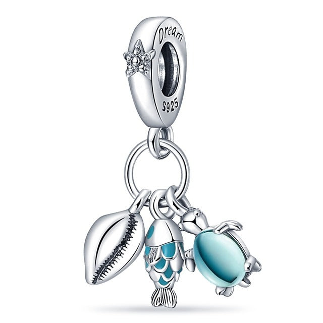 Fish, Sea Turtle & Conch Triple Dangle Charm Hallmarked S925 Sterling Silver