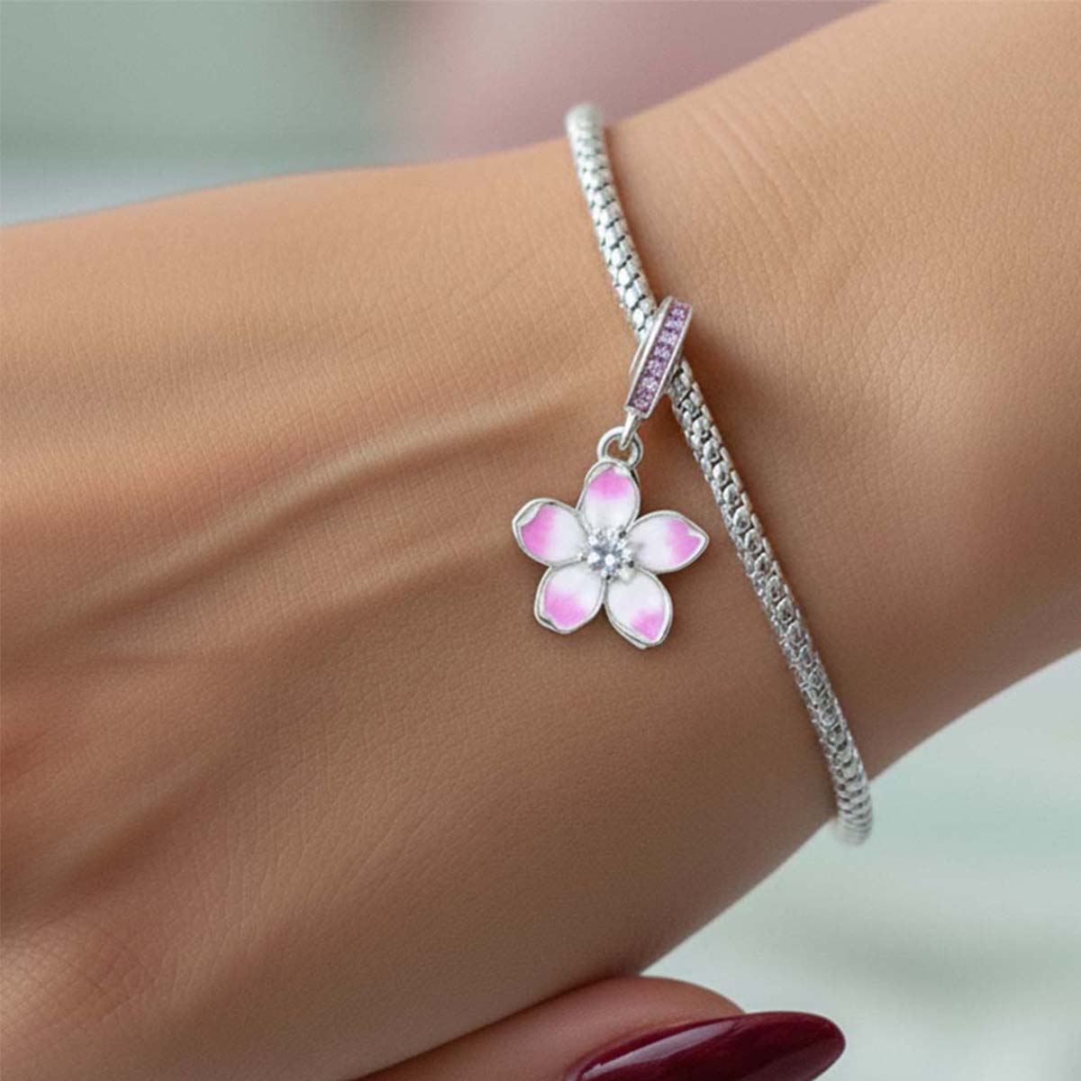 Cherry Blossom Dangle Charm Hallmarked S925 Sterling Silver