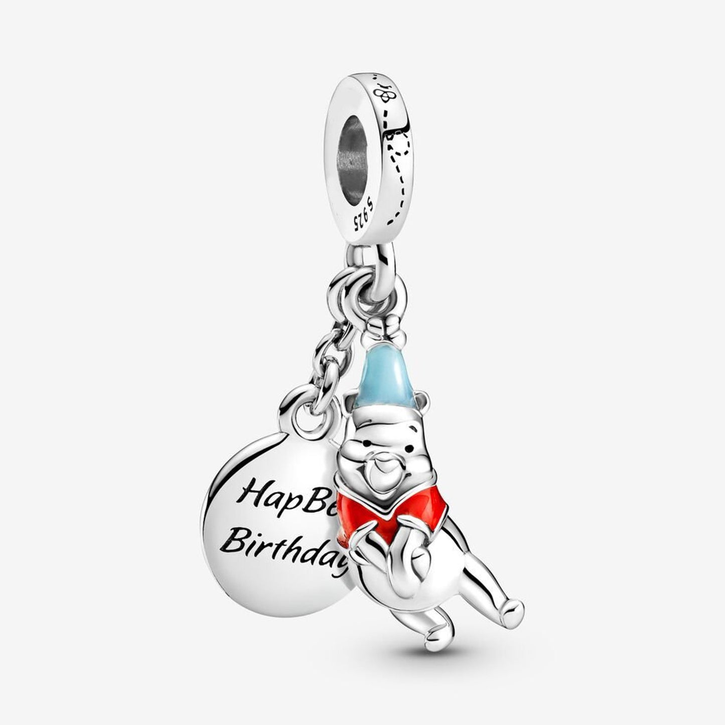 Disney Winnie the Pooh Happy Birthday Dangle Charm Hallmarked S925 Sterling Silver