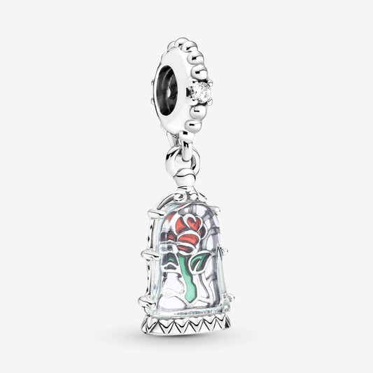 Disney Beauty & Beast Enchanted Rose Dangle Charm Hallmarked S925 Sterling Silver