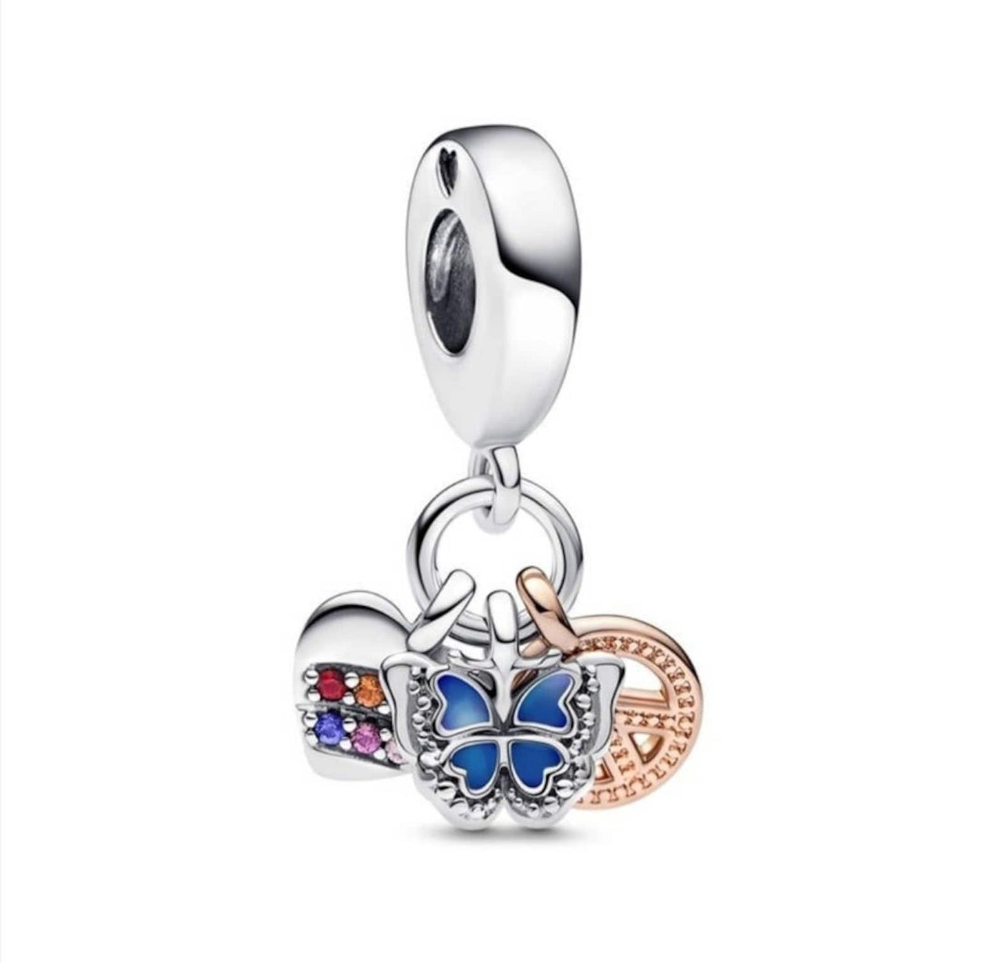 Butterfly, Peace & Rainbow Heart Triple Dangle Charm Hallmarked S925 Sterling Silver