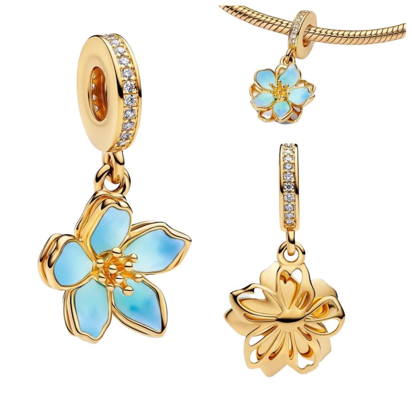 Gold & Blue Cherry Blossom Dangle Charm Hallmarked S925 Sterling Silver
