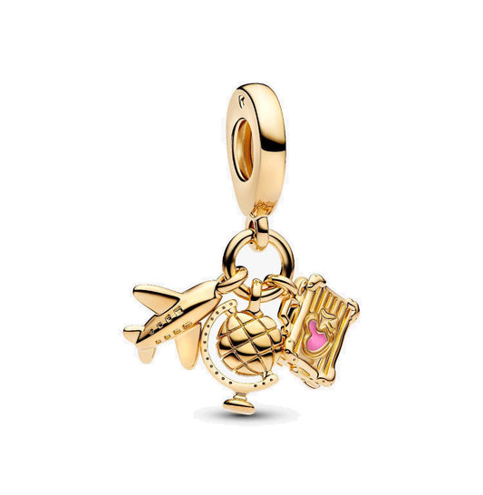 Golden Airplane, Globe & Suitcase Travel Dangle Charm Hallmarked S925 Sterling Silver