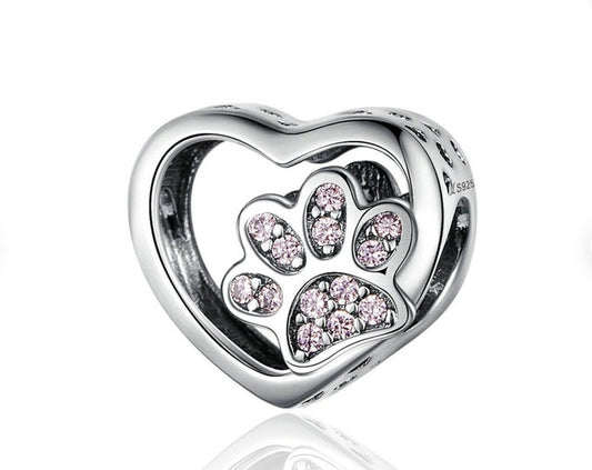 Pink Heart Paw Print Charm Hallmarked S925 Sterling Silver