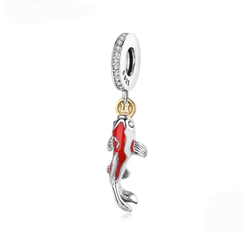 Koi Fish Charm, Swim in Fortune Dangle Charm S925 Hallmarked Sterling Silver Charm