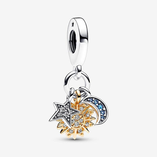 Two-tone Celestial Triple Dangle Charm Hallmarked S925 Sterling Silver