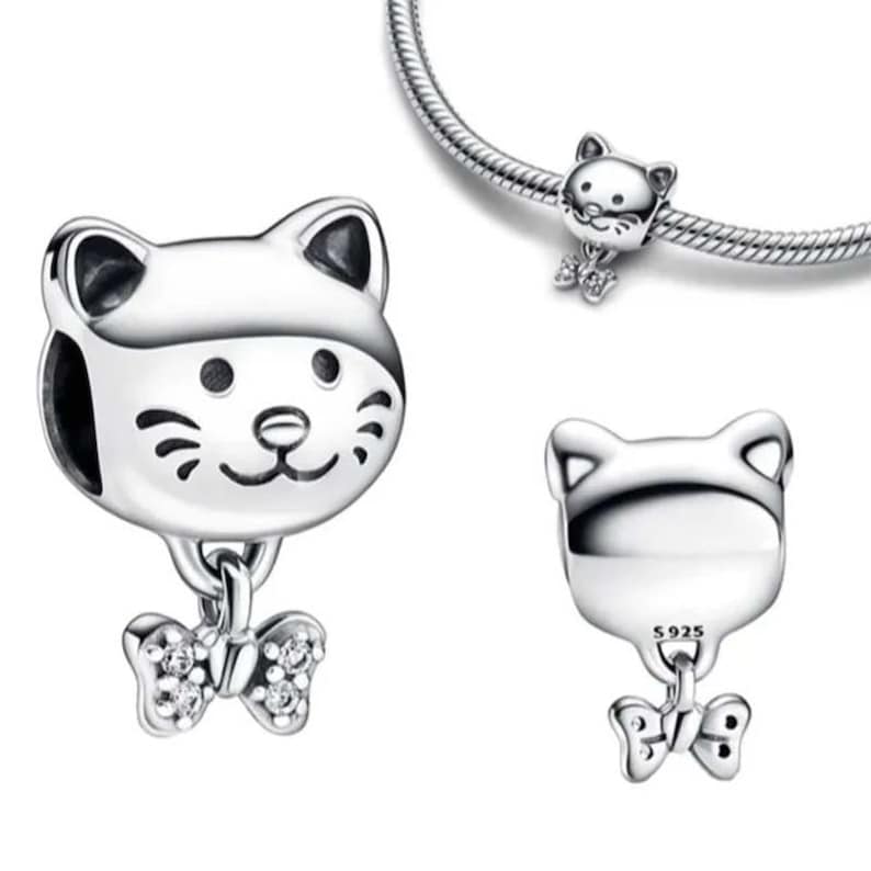 Pet Cat & Bow Charm Hallmarked S925 Sterling Silver