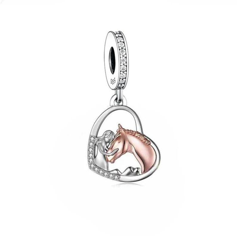 Girl and Her Horse Heart Charm Hallmarked S925 Sterling Silver