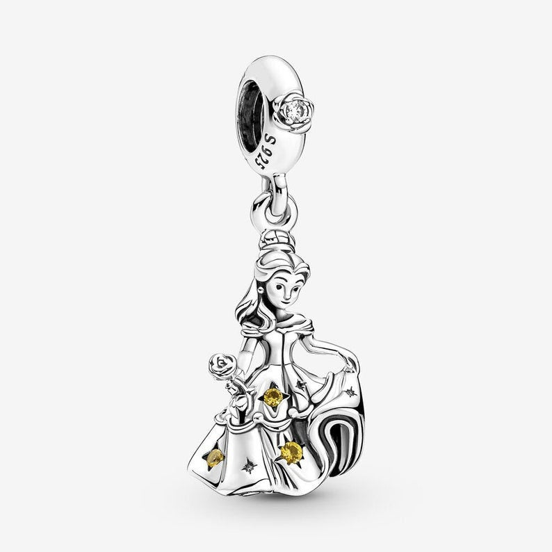 S925 Disney Beauty & Beast Dancing Belle Enchanted Rose Princess Sterling Silver Charm Collection